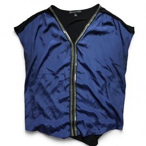 Rock & Republic Beaded V-Neck Tee, Black & Blue Contrast, Size L